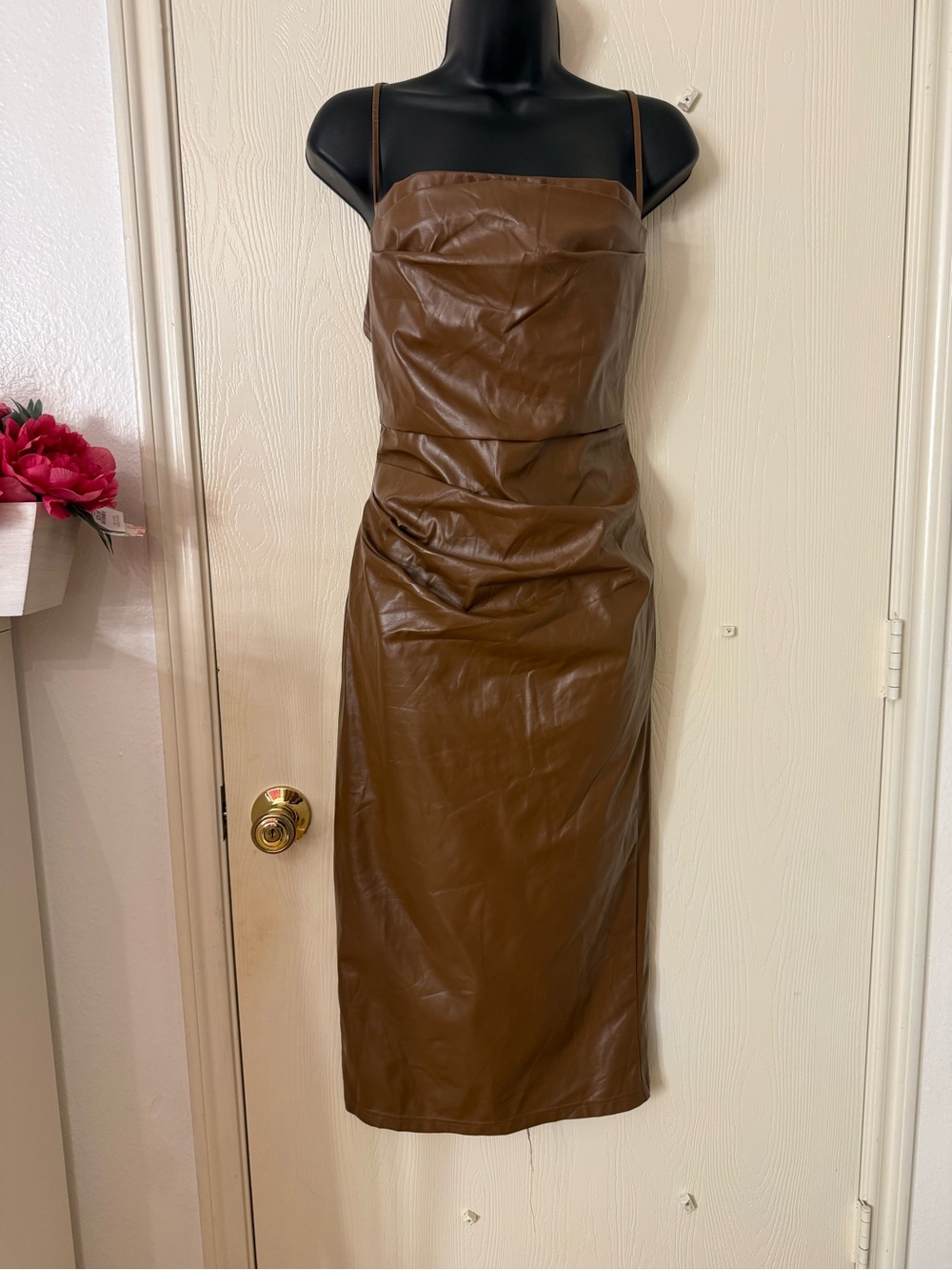 SHEIN Chocolate Brown Faux Leather Midi Slip Dress